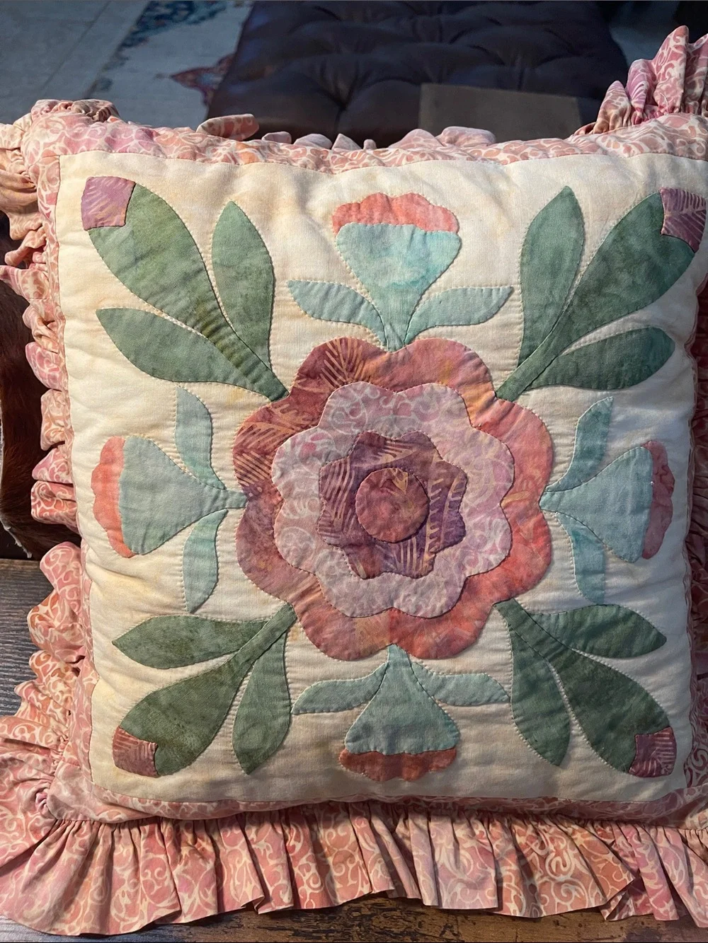 Floral Hand Appliqué Ruffled Throw Pillow in Pink and Green Batik fabric